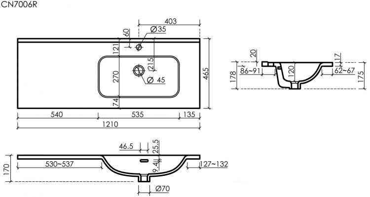 Раковина накладная SANCOS мебельная Element, чаша справа, с отверстием под смеситель, 1210x465x180 мм, цвет белый, CN7006R Раковина накладная SANCOS мебельная Element, чаша справа, с отверстием под смеситель, 1210x465x180 мм, цвет белый, CN7006R
