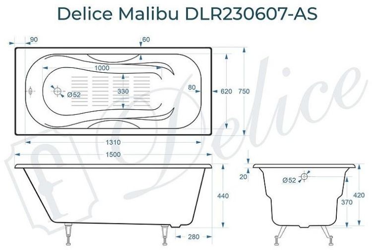 Чугунная ванна Delice Malibu 150х75 DLR230607-AS без отверстий под ручки с антискользящим покрытием