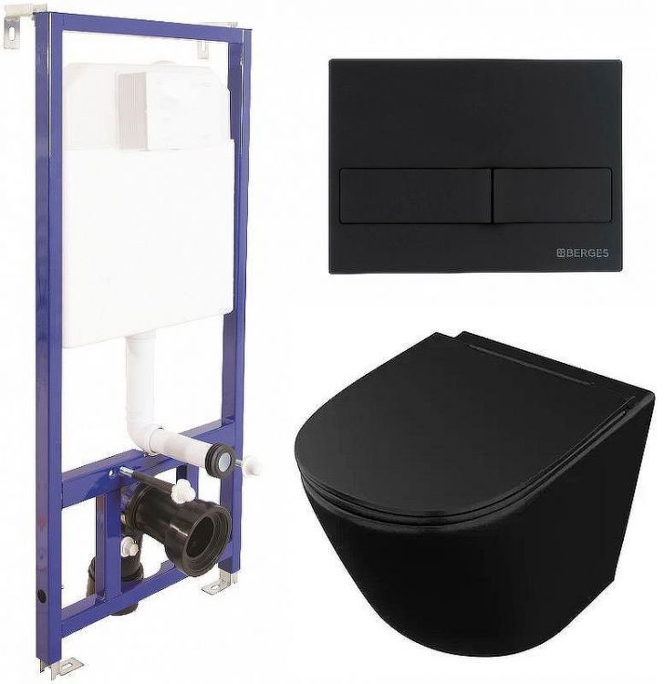 Комплект унитаза Owl 1975 Vind Cirkel-H OWLT190305 с инсталляцией Berges Wasserhaus Novum L5 040215 с сиденьем Микролифт и Черной матовой клавишей смыва
