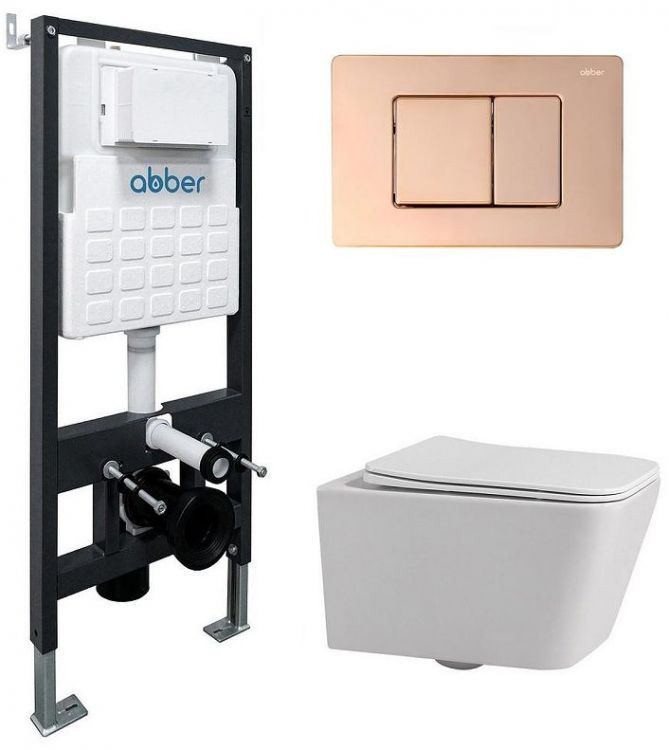 Комплект унитаза Abber Rechteck AC1201-AC0105-AC0120RG с сиденьем Микролифт и клавишей смыва цвет Золото розовое