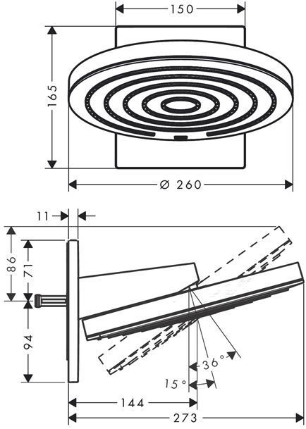 Hansgrohe Pulsify Верхний душ &Oslash;260 мм., с настенным креплением, 2 режима, внешняя часть, цвет: хром/графит