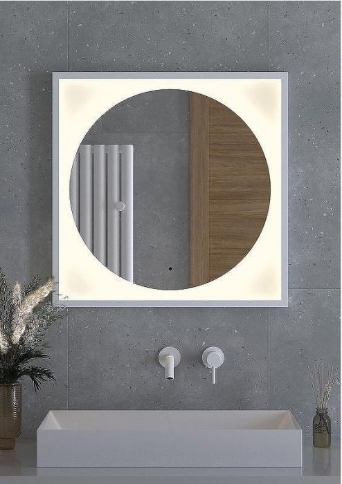 Зеркало Defesto Eclipce 70х70 DF 2237R с подсветкой 15W-3000К/в багетной раме/ИК - выключатель/Теплый белый свет/Белая рама