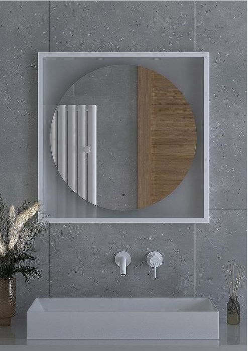 Зеркало Defesto Eclipce 70х70 DF 2237R с подсветкой 15W-3000К/в багетной раме/ИК - выключатель/Теплый белый свет/Белая рама