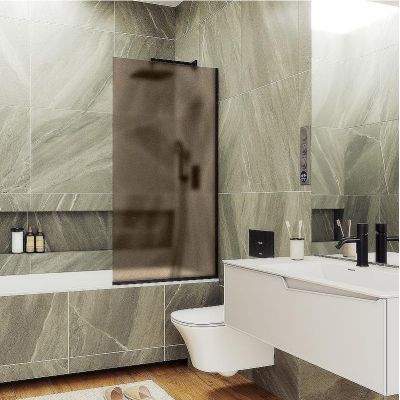Шторка на ванну Maybah Glass MGV-74-6у 600x1400 в узком профиле Черный стекло бронзовое матовое
