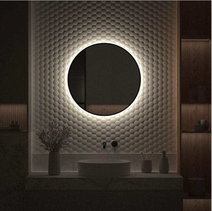 Зеркало Defesto Aura 70х70 DF 2984R с подсветкой 18W-4500K/ИК - выключатель/Нейтральный белый свет/Черная рама