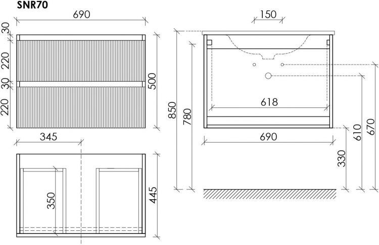 Тумба подвесная SANCOS Snob R 690х445х500, c двумя ящиками оснащенными доводчиками, Bianco,SNR70W