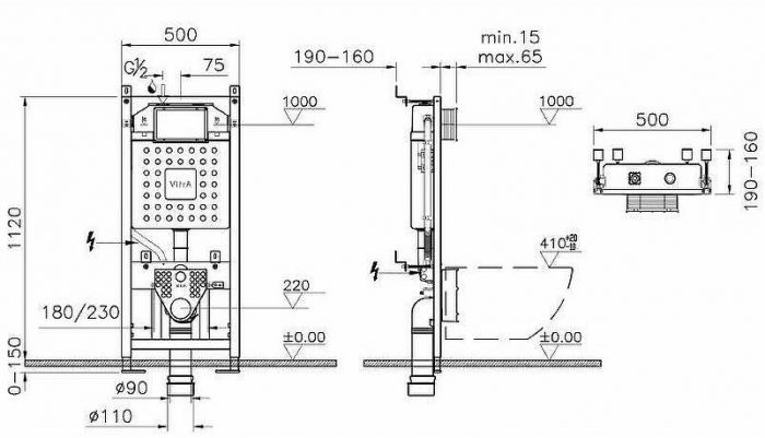Комплект унитаза с инсталляцией Vitra Normus 9773B003-7201 с сиденьем Микролифт и Белой глянцевой клавишей смыва