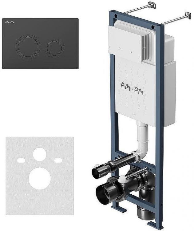 Комплект унитаза с инсталляцией AM.PM Sense FlashClean IS110138.741701 с сиденьем Микролифт и Черной матовой клавишей смыва