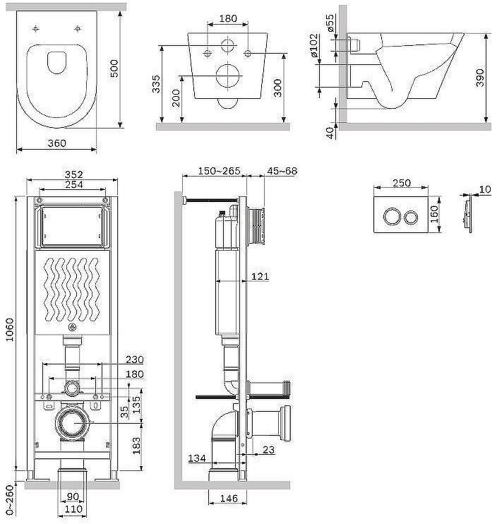 Комплект унитаза с инсталляцией AM.PM Sense FlashClean IS110138.741701 с сиденьем Микролифт и Черной матовой клавишей смыва