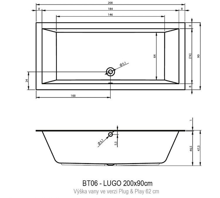 Акриловая ванна RIHO LUGO Plug&Play 200x90 RIGHT, BD7100500000000