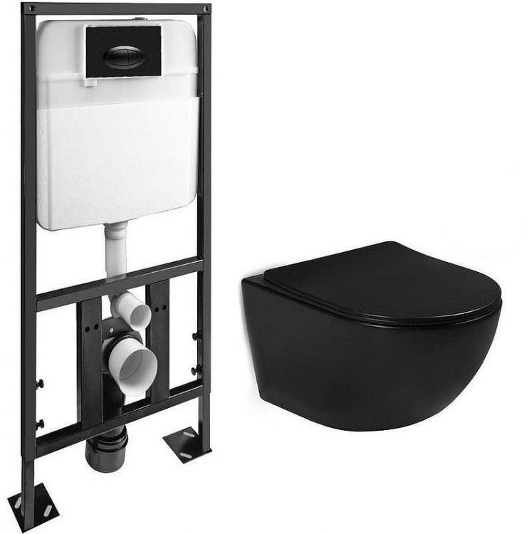 Комплект унитаза с инсталляцией SantiLine SL-5018MB+SL-03 с сиденьем Микролифт и Черной матовой клавишей смыва Комплект унитаза с инсталляцией SantiLine SL-5018MB+SL-03 с сиденьем Микролифт и Черной матовой клавишей смыва