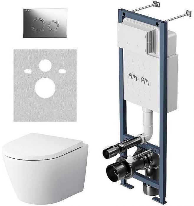 Комплект унитаза с инсталляцией AM.PM Sense FlashClean IS110151.741701 с сиденьем Микролифт и клавишей смыва Хром глянцевый