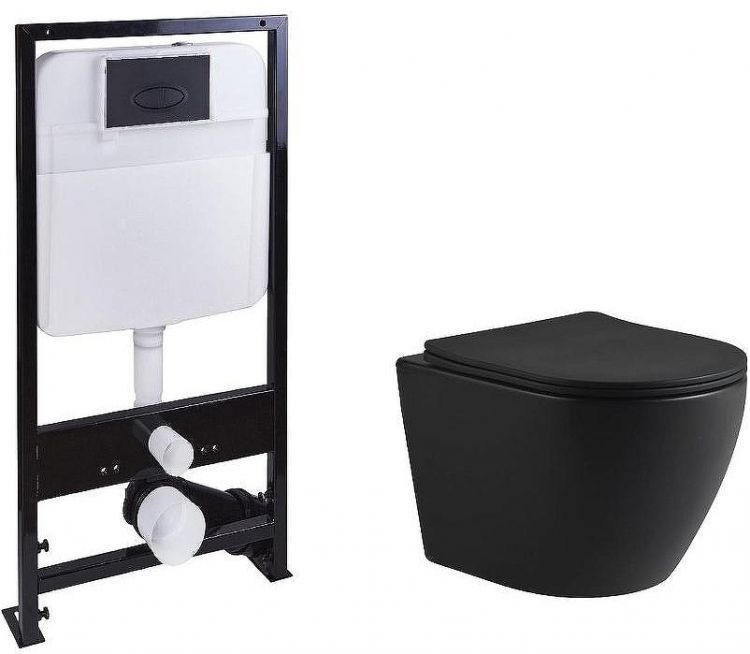 Комплект унитаза с инсталляцией SantiLine SL-5025MB+SL-03 с сиденьем Микролифт и Черной матовой клавишей смыва Комплект унитаза с инсталляцией SantiLine SL-5025MB+SL-03 с сиденьем Микролифт и Черной матовой клавишей смыва