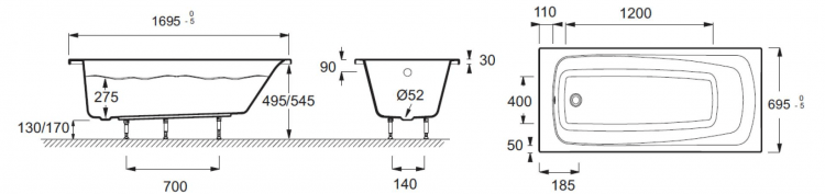 Акриловая ванна 170х70 Jacob Delafon Patio E6812-00, белый