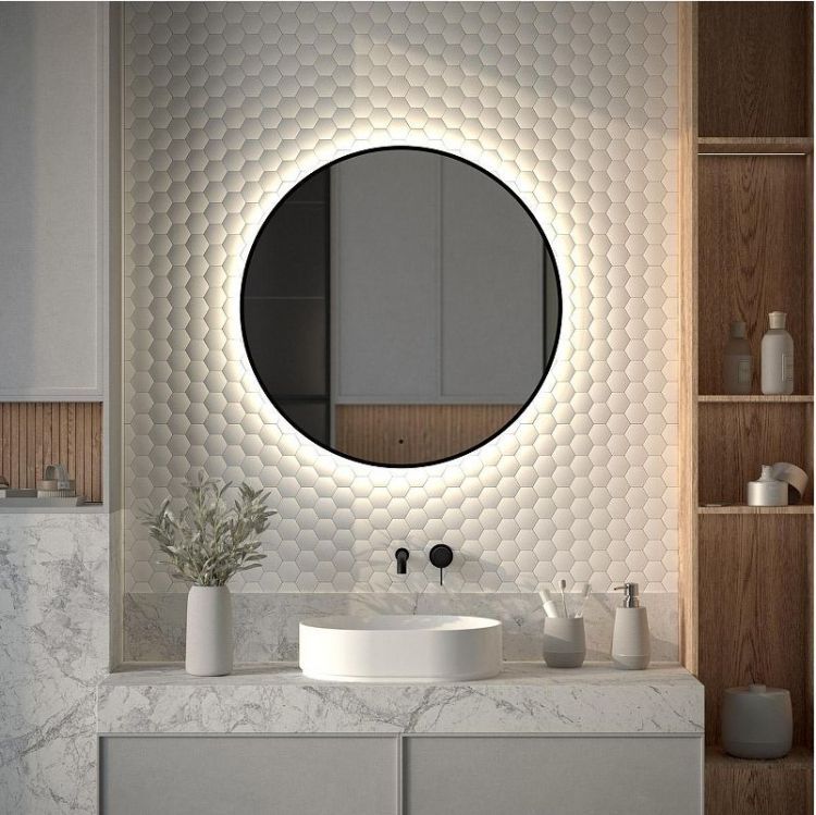 Зеркало Defesto Aura 80х80 DF 2985R с подсветкой 25W-4500K/ИК - выключатель/Нейтральный белый свет/Черная рама