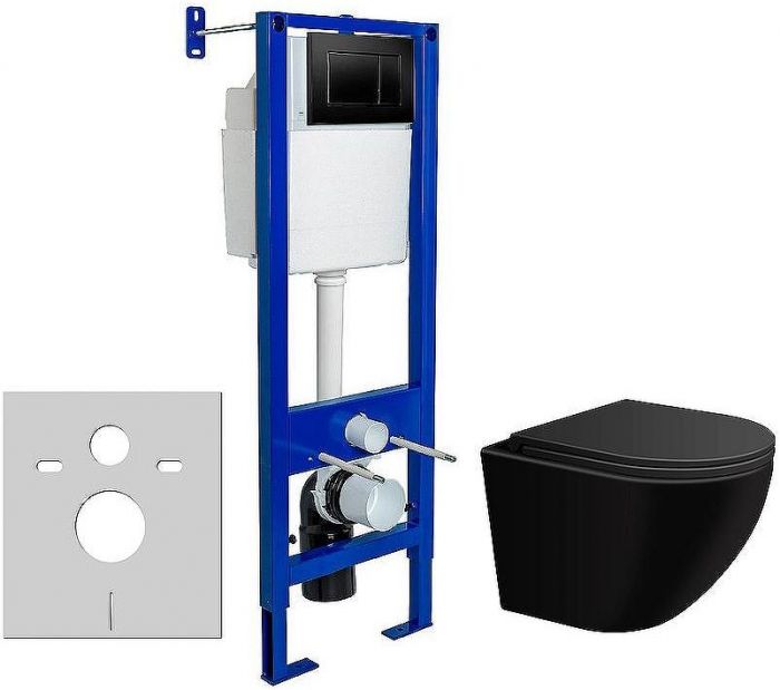 Комплект унитаза WellWant Aura WWU01122B с инсталляцией Berges Atom 410 040332 с сиденьем Микролифт и Черной матовой клавишей смыва