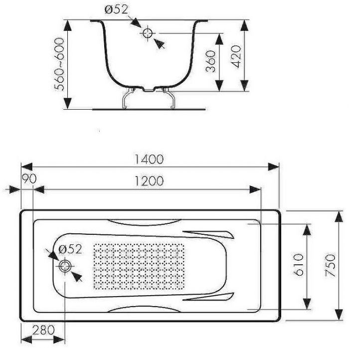 Чугунная ванна Kaiser 140х75 КВ-1701 с антискользящим покрытием