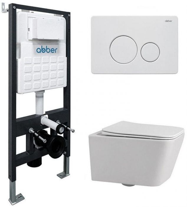 Комплект унитаза Abber Rechteck AC1201-AC0105-AC0121MW с сиденьем Микролифт и клавишей смыва цвет Белая матовая