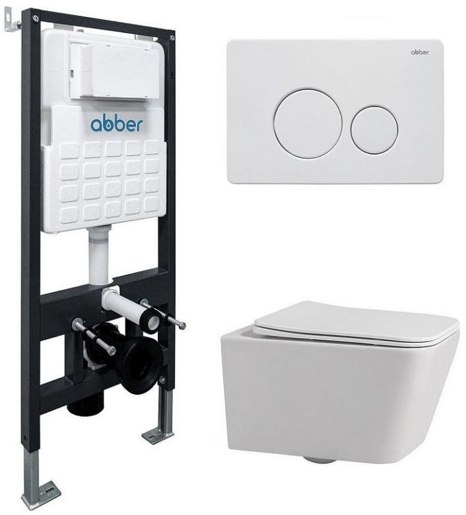 Комплект унитаза Abber Rechteck AC1201-AC0105-AC0121MW с сиденьем Микролифт и клавишей смыва цвет Белая матовая