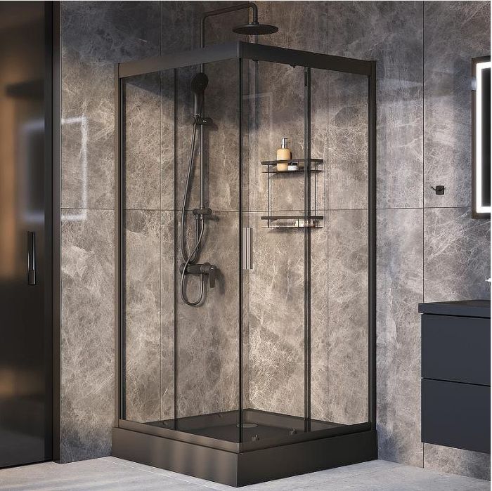 Комплект душевого уголка с душевой системой и аксессуарами AM.PM Gem 90x90 WK90EO профиль Черный матовый стекло прозрачное