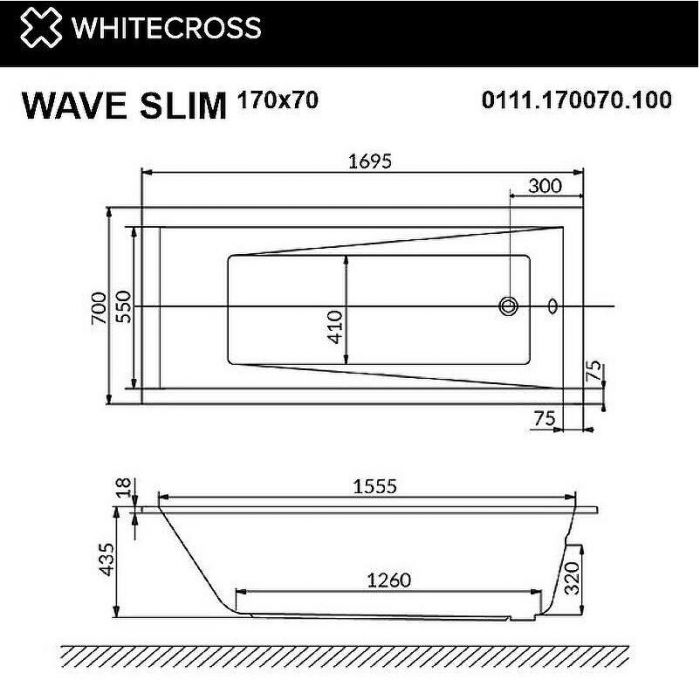 Акриловая ванна Whitecross Wave Slim 170x70 0111.170070.100.RELAX.BR с гидромассажем