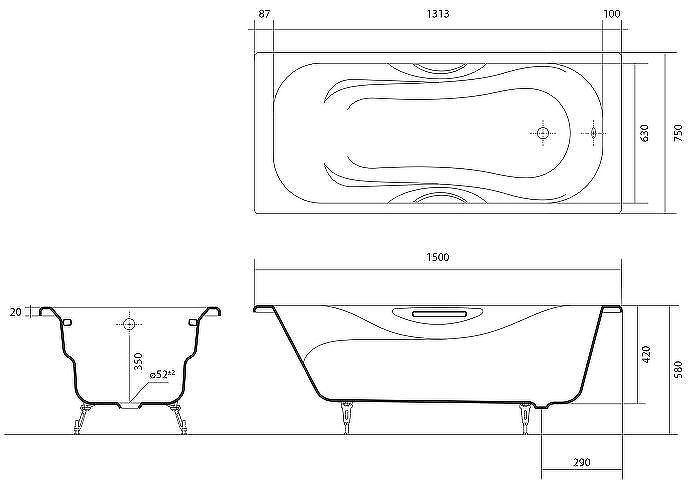 Чугунная ванна Aquatek Гамма 150x75 AQ8050FH-00 без антискользящего покрытия