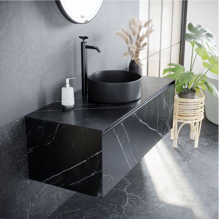 Тумба подвесная SANCOS под раковину Stone, керамогранит Nero Marquina 1200х400х495, ST120NM Тумба подвесная SANCOS под раковину Stone, керамогранит Nero Marquina 1200х400х495, ST120NM