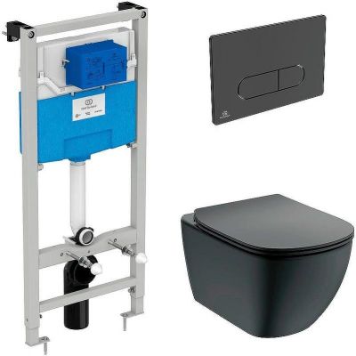 Комплект унитаза с инсталляцией Ideal Standard Tesi Aqua Blade T3868V3/115A6 с сиденьем Микролифт и Черной матовой клавишей смыва