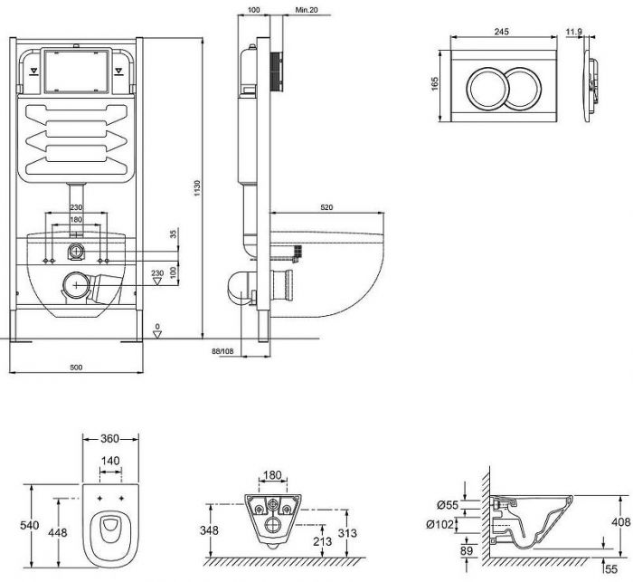 Комплект унитаза с инсталляцией Jacob Delafon Modern Life E21775RU-BL с сиденьем Микролифт и Черной матовой клавишей смыва