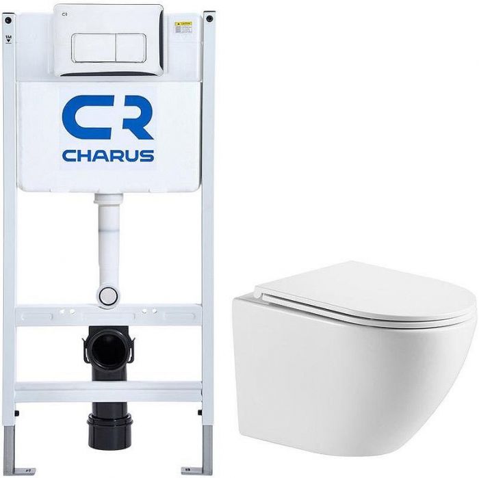 Комплект унитаза WellWant Aura WWU01121WK с инсталляцией Charus City CR.200.21.01 с сиденьем Микролифт и клавишей смыва Хром глянцевый