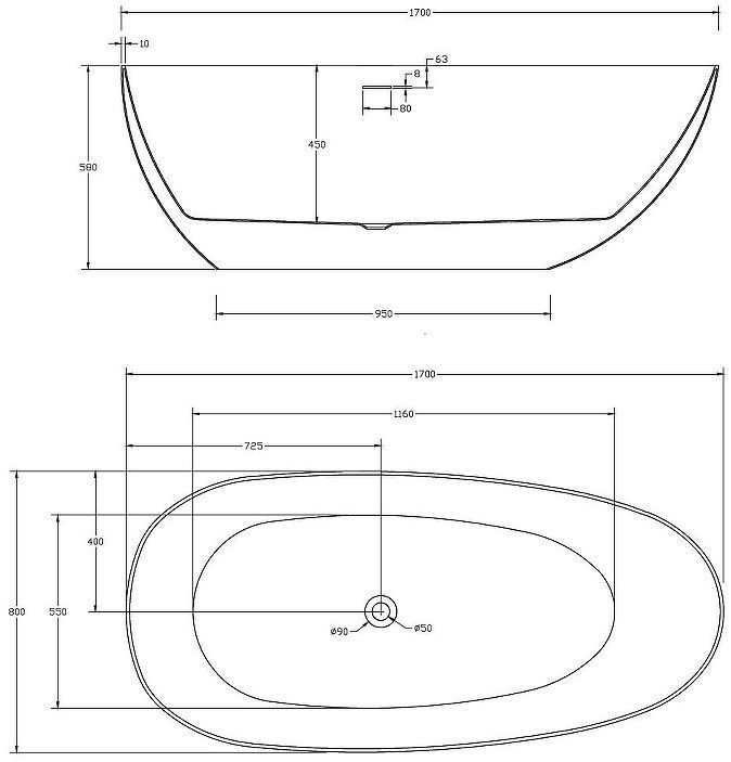 Акриловая ванна Abber AB9211MB 170х80 без гидромассажа