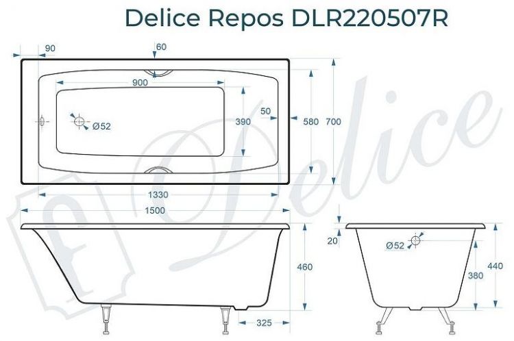 Чугунная ванна Delice Repos 150х70 DLR220507RB с черными матовыми ручками без антискользящего покрытия