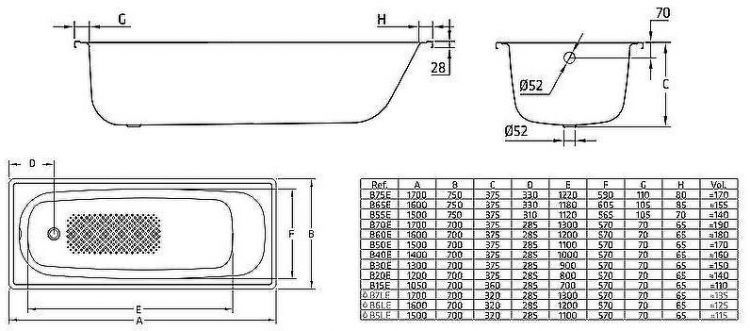 Стальная ванна BLB Europa B30E (B30E22001) 130x70 без гидромассажа