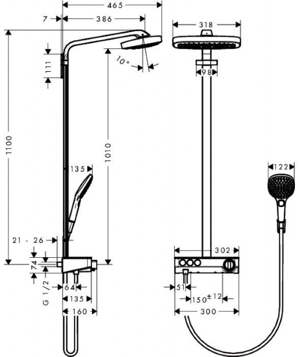 Hansgrohe Raindance Душевой гарнитур, в набор входят: верхний душ Raindance Select 300 3 jet с шарнирным соединением и QuickClean 2 типа струи: Rain: широкая дождевая струя. RainAir: объемная дождевая струя с технологией AIRPower, термо
