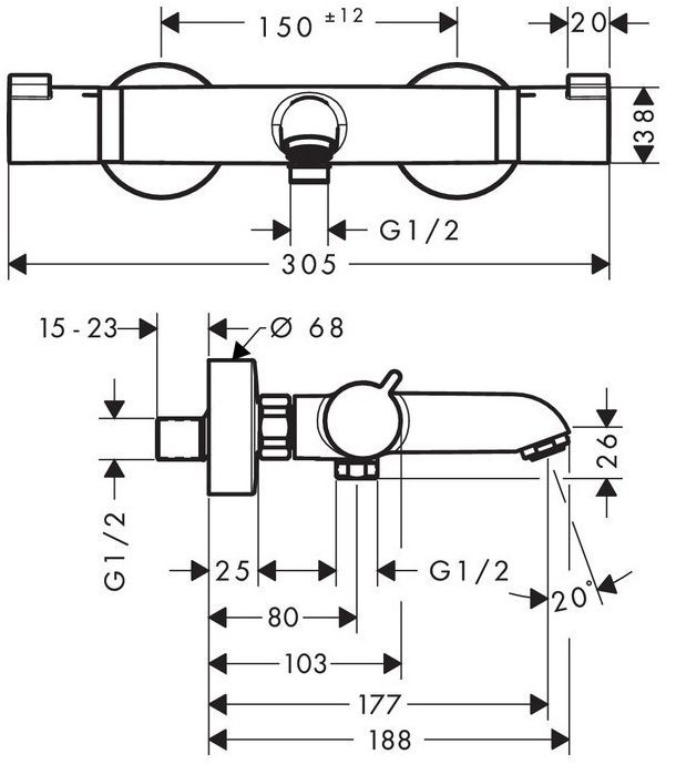 Hansgrohe Ecostat Смеситель для ванны, настенный, термостатический, цвет: полированное золото