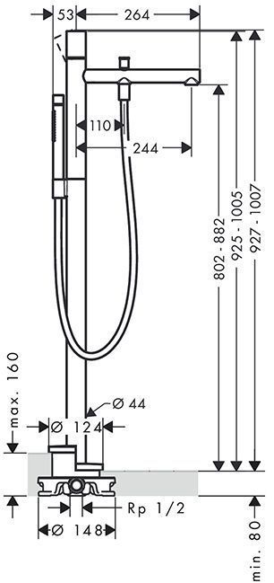 Axor Uno Смеситель для ванны, напольный, с ручным душем, Zero, цвет: шлифованный черный хром