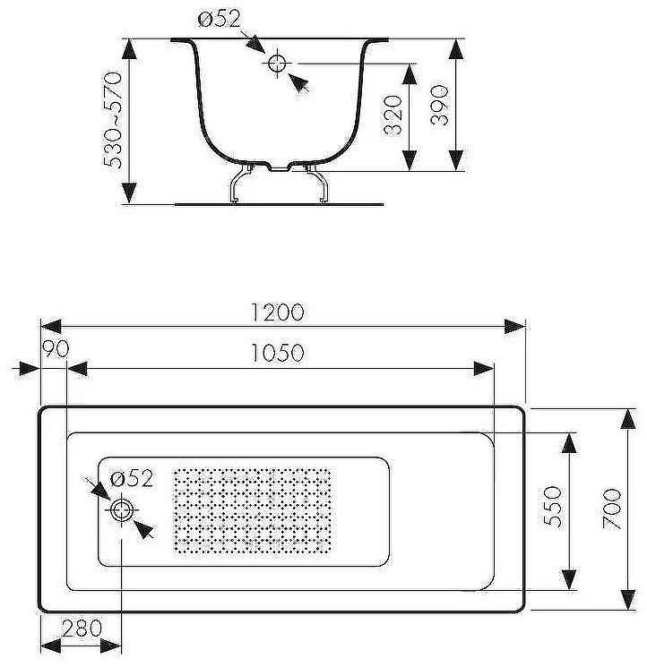 Чугунная ванна Kaiser 120х70 КВ-1601 с антискользящим покрытием