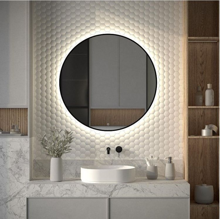 Зеркало Defesto Aura 90х90 DF 2986S с подсветкой 28W-4500K/Сенсорный выключатель/Нейтральный белый свет/Черная рама