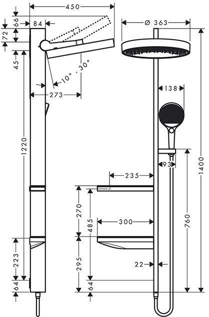Hansgrohe Showerpipe Душевая система 1jet (верхний душ, штанга, ручной душ, полочки), цвет: белый матовый