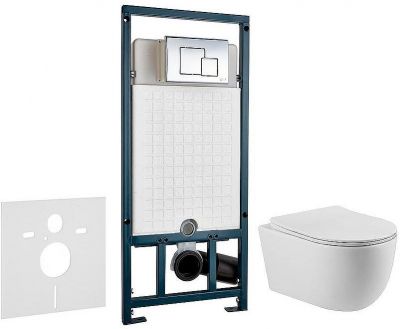 Комплект унитаза Vincea Evo Rimless VT1-34S с сиденьем Микролифт и инсталляцией WeltWasser WW Marberg 507 10000005949+10000005953 с клавишей смыва Хром глянцевый
