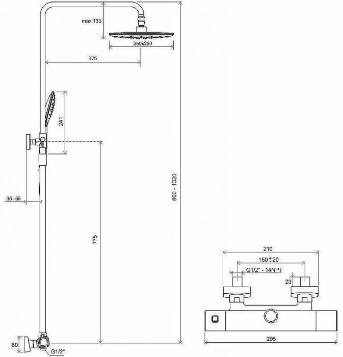 Душевая система Ravak 10° Free TD F 091.00/150 X070141 с термостатом Хром