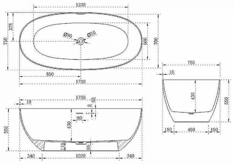 Ванна из искусственного камня Vincea 170x75 VBT-6S01MG Серая Белая матовая без гидромассажа Ванна из искусственного камня Vincea 170x75 VBT-6S01MG Серая Белая матовая без гидромассажа
