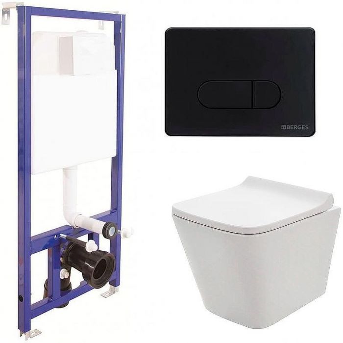 Комплект унитаза AQUAme AQM2004 с инсталляцией Berges Novum D5 040235 с сиденьем Микролифт и Черной матовой клавишей смыва