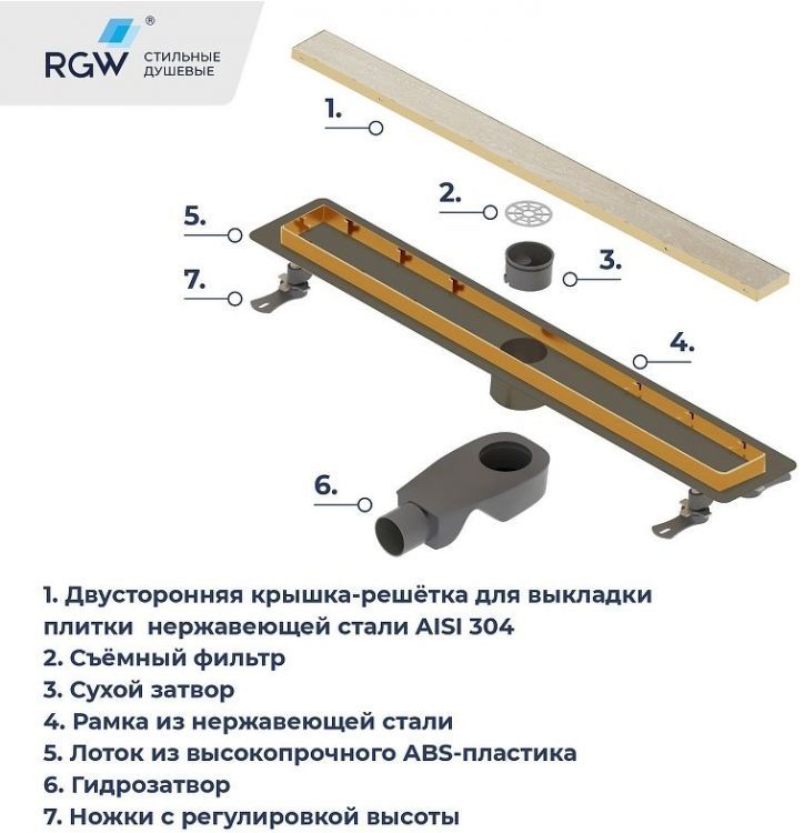 Душевой лоток RGW Drain Leo-31Gb-40 60213140-06 с решеткой Золото брашированное / под плитку
