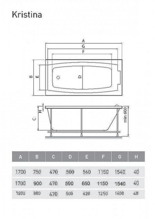 Акриловая ванна Relisan Kristina 170x75 Гл000008873 без гидромассажа