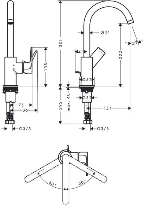 Hansgrohe Rebris E Смеситель для раковины, 1 отв., с поворотным изливом, с донным клапаном, цвет: хром