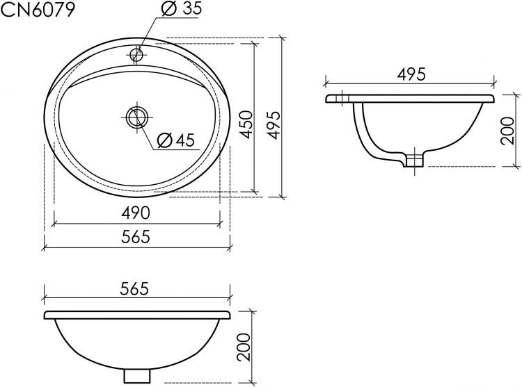 Раковина встраиваемая сверху CERAMICANOVA Sun с отверстием слива - перелива овальной формы CN6079