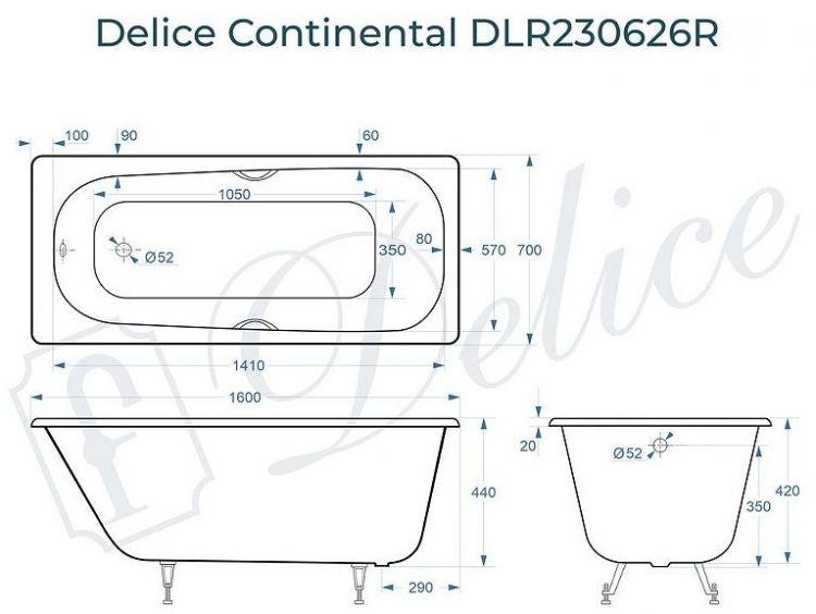 Чугунная ванна Delice Continental 160х70 DLR230626R с отверстиями под ручки без антискользящего покрытия