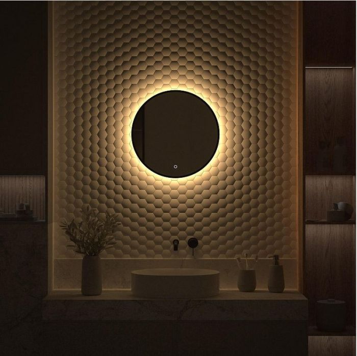 Зеркало Defesto Aura 50х50 DF 2992S с подсветкой 12W-3000K/Сенсорный выключатель/Теплый белый свет/Черная рама