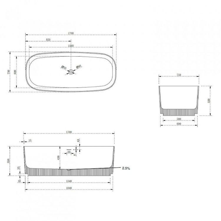 Ванна из искусственного камня Abber Stein 170х75 AS9601 Белая без гидромассажа